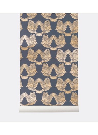 Birds Wallpaper Deep Blue / Gold Ferm Living