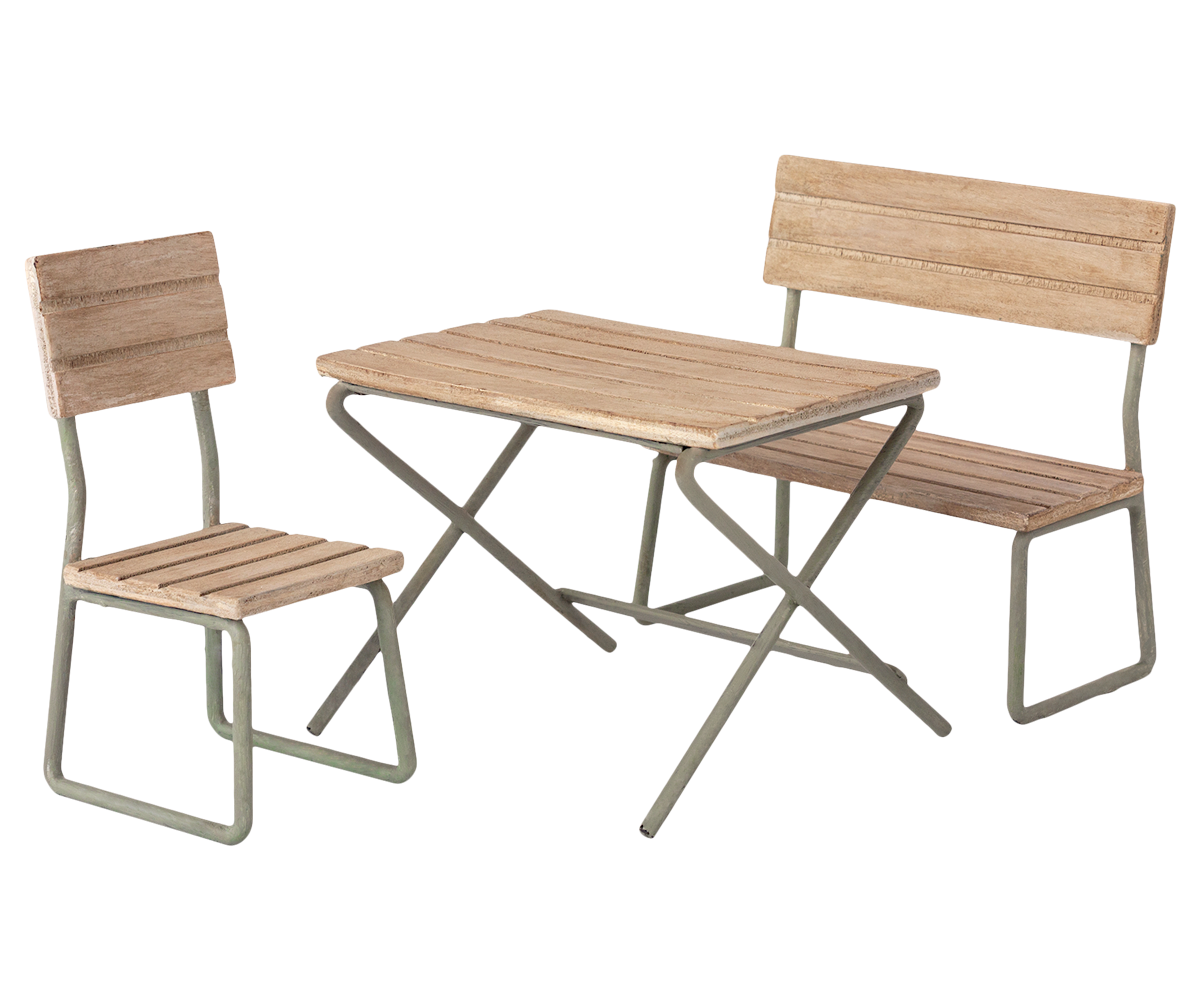 Set de jardín en miniatura, Mesa con silla y banco