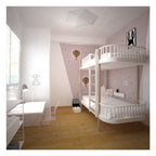Chambre avec lits superposés rose et blanc avec étoiles.