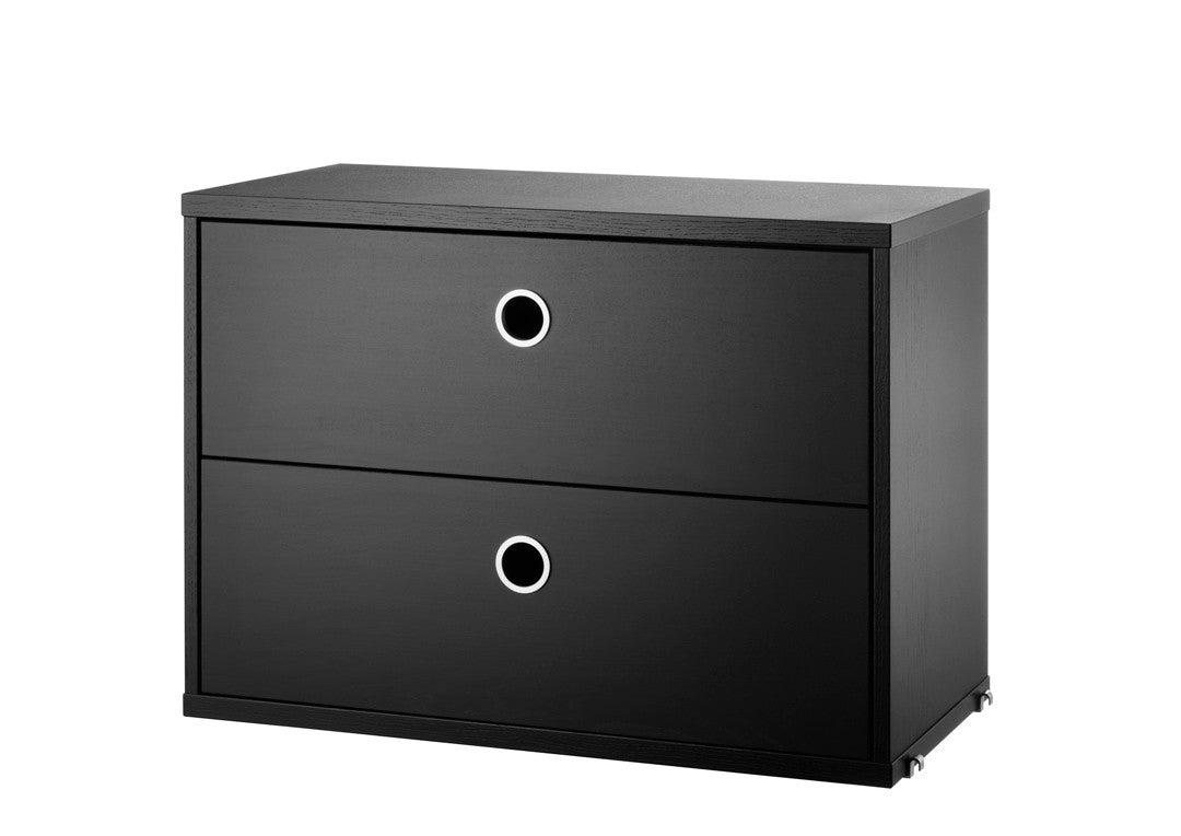 Commode 2 tiroirs, frêne teinté noir, 58x30cm