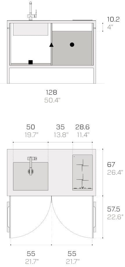 Encimera Vidrio 128 hueco fregadero + hueco cocina