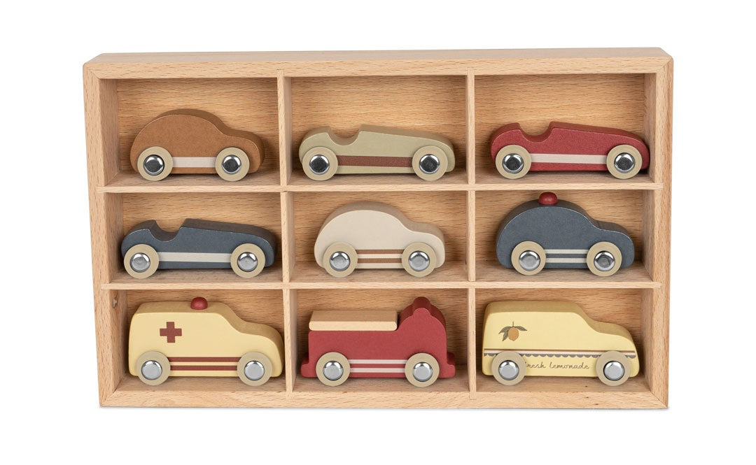 Mini coches de madera, paquete de 9
